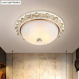 Dome Shaped Rustic Flush Mount Lighting With Opaline Glass In White/Brass - Available