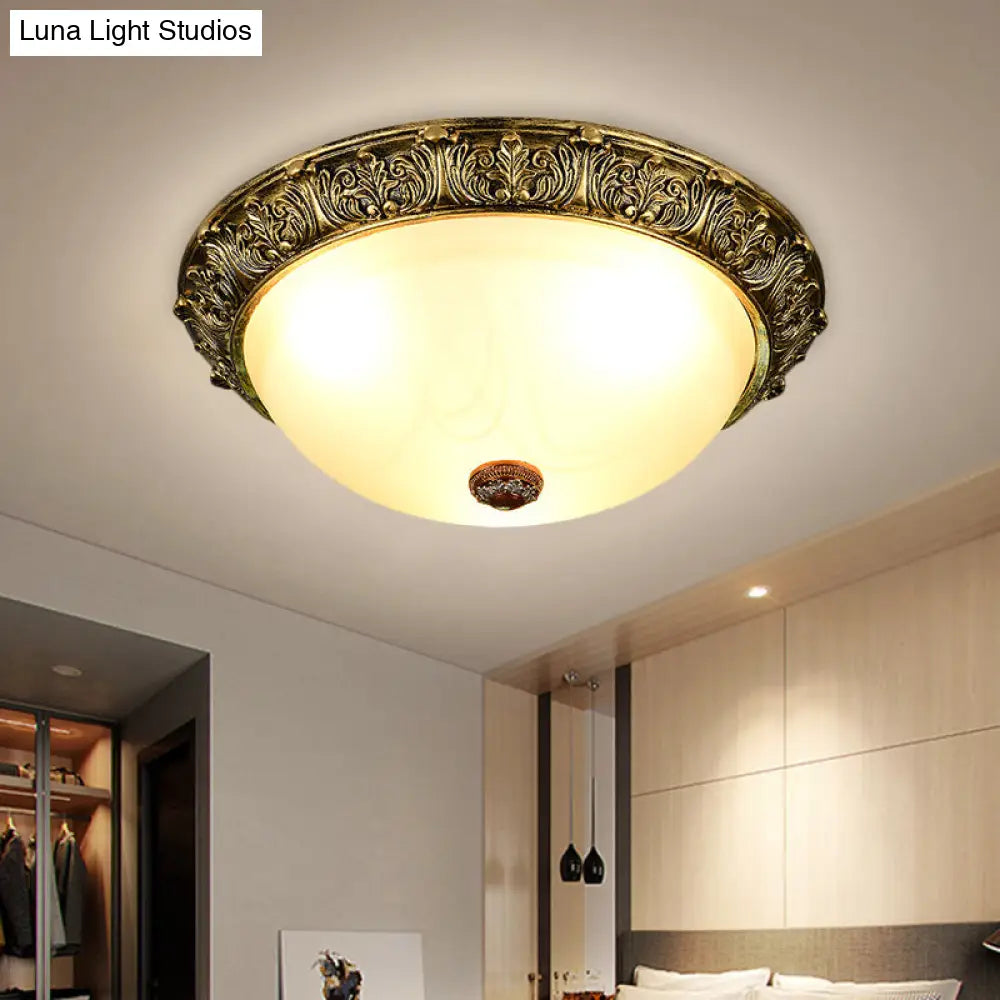 Dome Shaped Rustic Flush Mount Lighting With Opaline Glass In White/Brass - Available