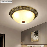 Dome Shaped Rustic Flush Mount Lighting With Opaline Glass In White/Brass - Available