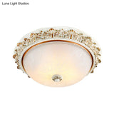 Dome Shaped Rustic Flush Mount Lighting With Opaline Glass In White/Brass - Available