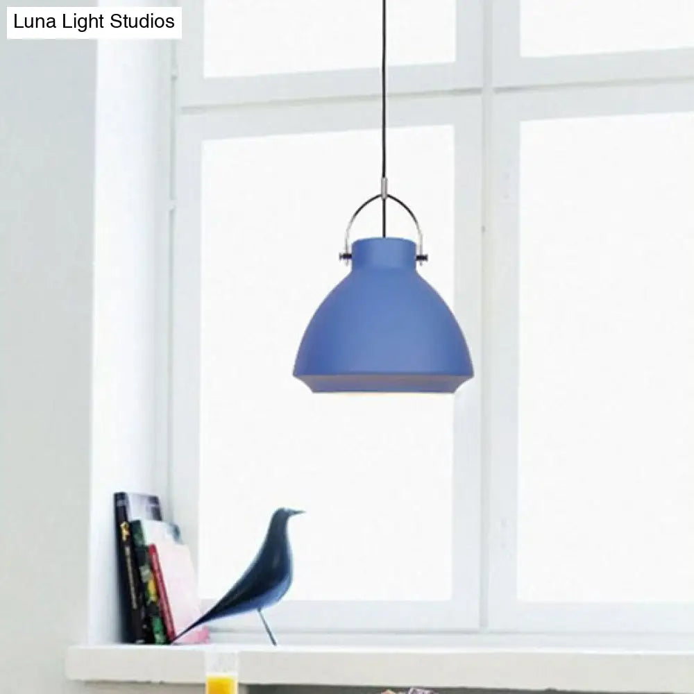 Dome Suspended Macaron Style Pendant Light - 10’/14’ Metallic Fixture With Handle In Black/Blue