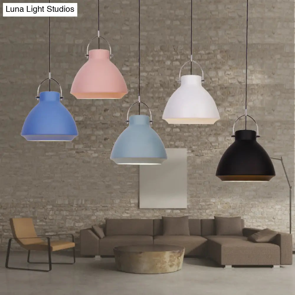 Dome Suspended Macaron Style Pendant Light - 10’/14’ Metallic Fixture With Handle In Black/Blue