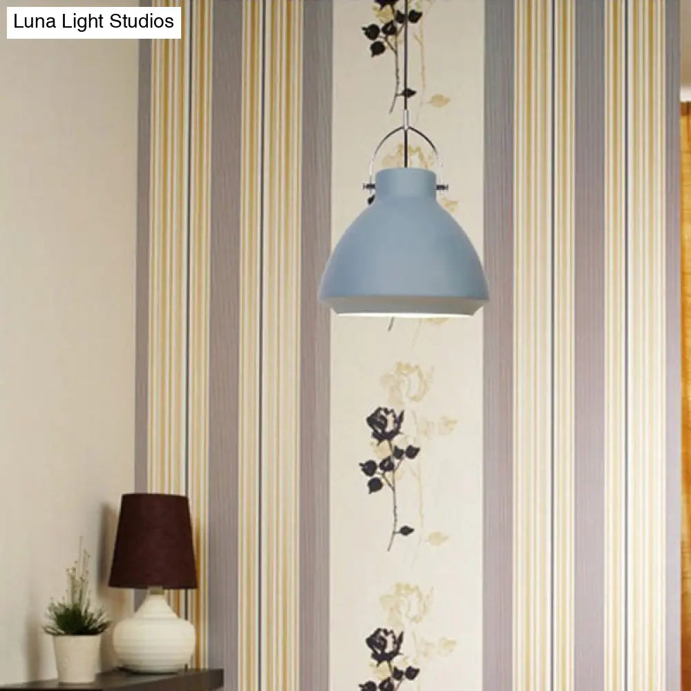 Dome Suspended Macaron Style Pendant Light - 10’/14’ Metallic Fixture With Handle In Black/Blue