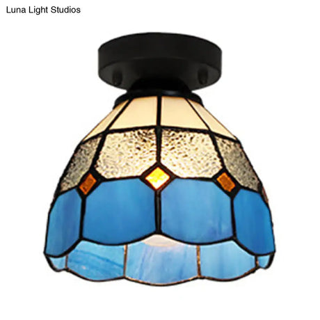 Dome Tiffany Style Stained Glass Ceiling Light With 1 - White/Blue/Clear For Corridor