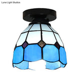 Dome Tiffany Style Stained Glass Ceiling Light With 1 - White/Blue/Clear For Corridor