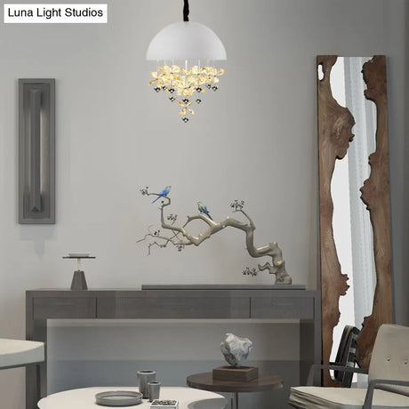 Domed Pendant Light With Crystal Flower Deco - Modern Metal Hanging Ceiling (6/10 Lights) In