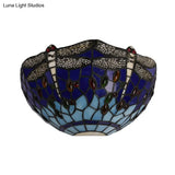 Dragonfly And Jewel Tiffany Half-Bowl Wall Light In Red/Blue - Perfect For Cafes