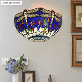 Dragonfly And Jewel Tiffany Half-Bowl Wall Light In Red/Blue - Perfect For Cafes