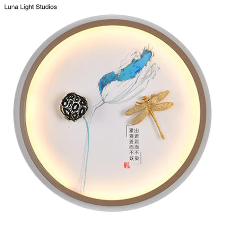 Dragonfly Led Wall Lamp In Asian Style: Yellow And Blue Circle Metallic Mural For Hallway Lighting
