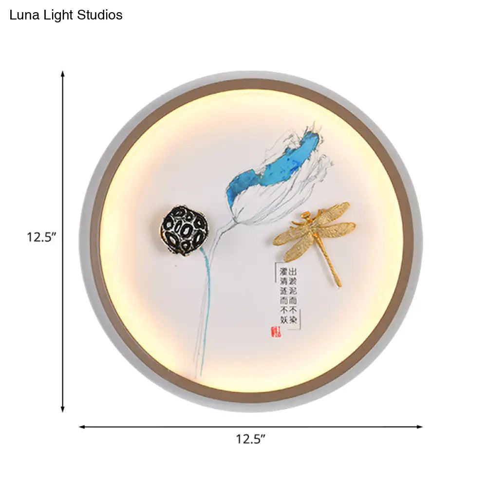 Dragonfly Led Wall Lamp In Asian Style: Yellow And Blue Circle Metallic Mural For Hallway Lighting