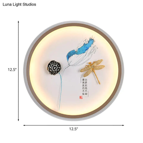 Dragonfly Led Wall Lamp In Asian Style: Yellow And Blue Circle Metallic Mural For Hallway Lighting