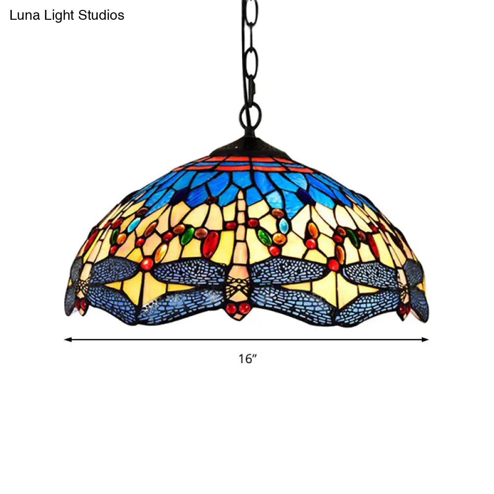 Dragonfly Pendant Light Tiffany Stained Glass Ceiling Lighting - 2 Heads Yellow-Blue Design For