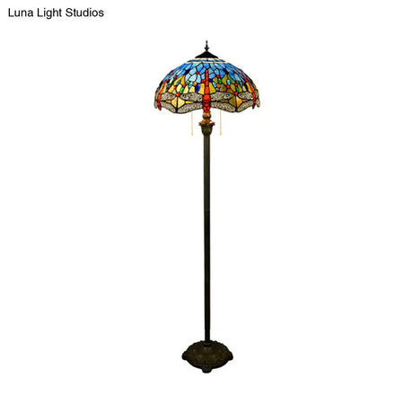 Dragonfly Stained Art Glass Tiffany Floor Lamp - 2 Heads Blue With Pull Chain