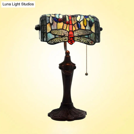 Dragonfly Stained Glass Banker Desk Lamp - Blue Victorian Nightstand Light With Pull Chain
