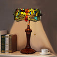Dragonfly Stained Glass Banker Desk Lamp - Blue Victorian Nightstand Light With Pull Chain