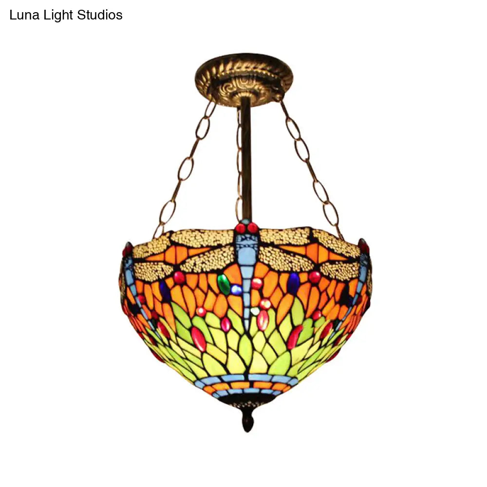 Dragonfly Stained Glass Ceiling Light - Rustic Tiffany Inverted Semi Flush Lamp (12’/16’ Wide