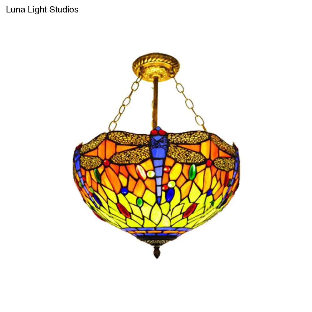 Dragonfly Stained Glass Ceiling Light - Rustic Tiffany Inverted Semi Flush Lamp (12’/16’ Wide