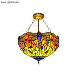 Dragonfly Stained Glass Ceiling Light - Rustic Tiffany Inverted Semi Flush Lamp (12’/16’ Wide