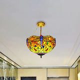 Dragonfly Stained Glass Ceiling Light - Rustic Tiffany Inverted Semi Flush Lamp (12’/16’ Wide