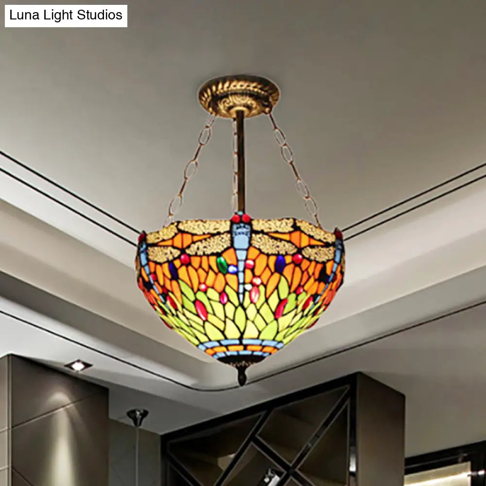 Dragonfly Stained Glass Ceiling Light - Rustic Tiffany Inverted Semi Flush Lamp (12’/16’ Wide