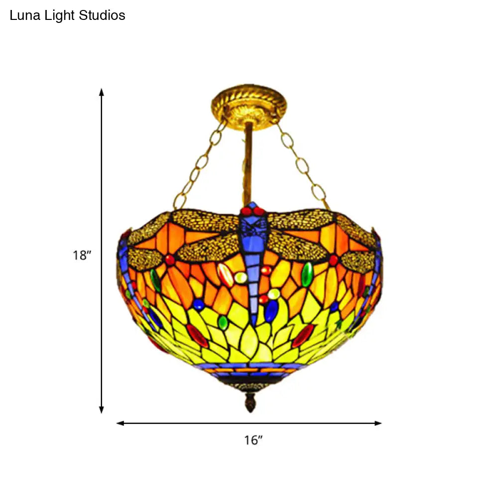 Dragonfly Stained Glass Ceiling Light - Rustic Tiffany Inverted Semi Flush Lamp (12’/16’ Wide
