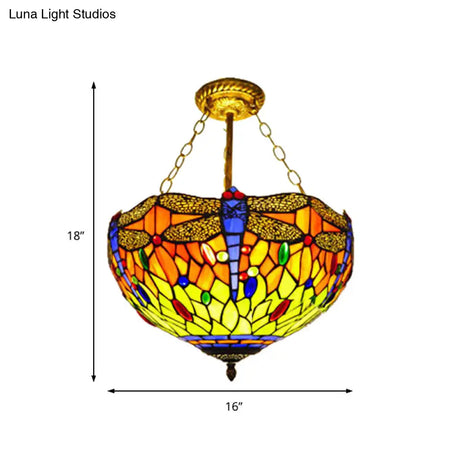 Dragonfly Stained Glass Ceiling Light - Rustic Tiffany Inverted Semi Flush Lamp (12’/16’ Wide
