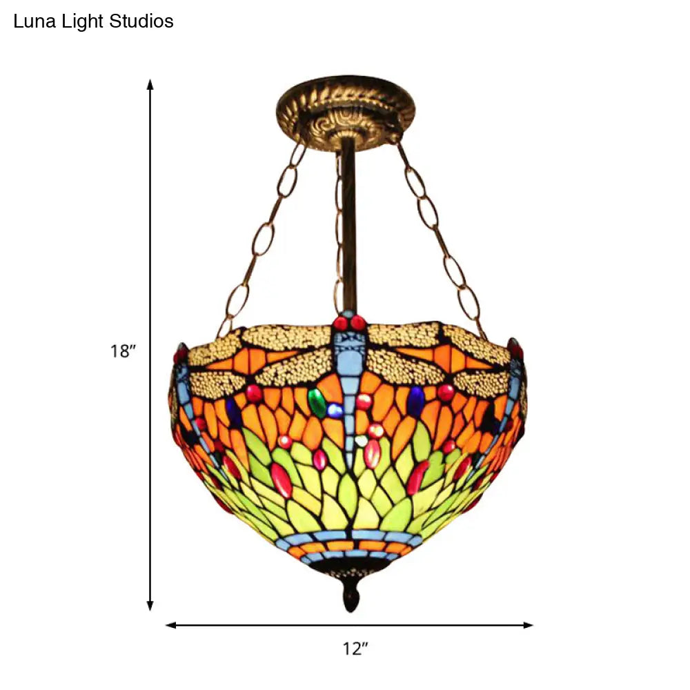 Dragonfly Stained Glass Ceiling Light - Rustic Tiffany Inverted Semi Flush Lamp (12’/16’ Wide