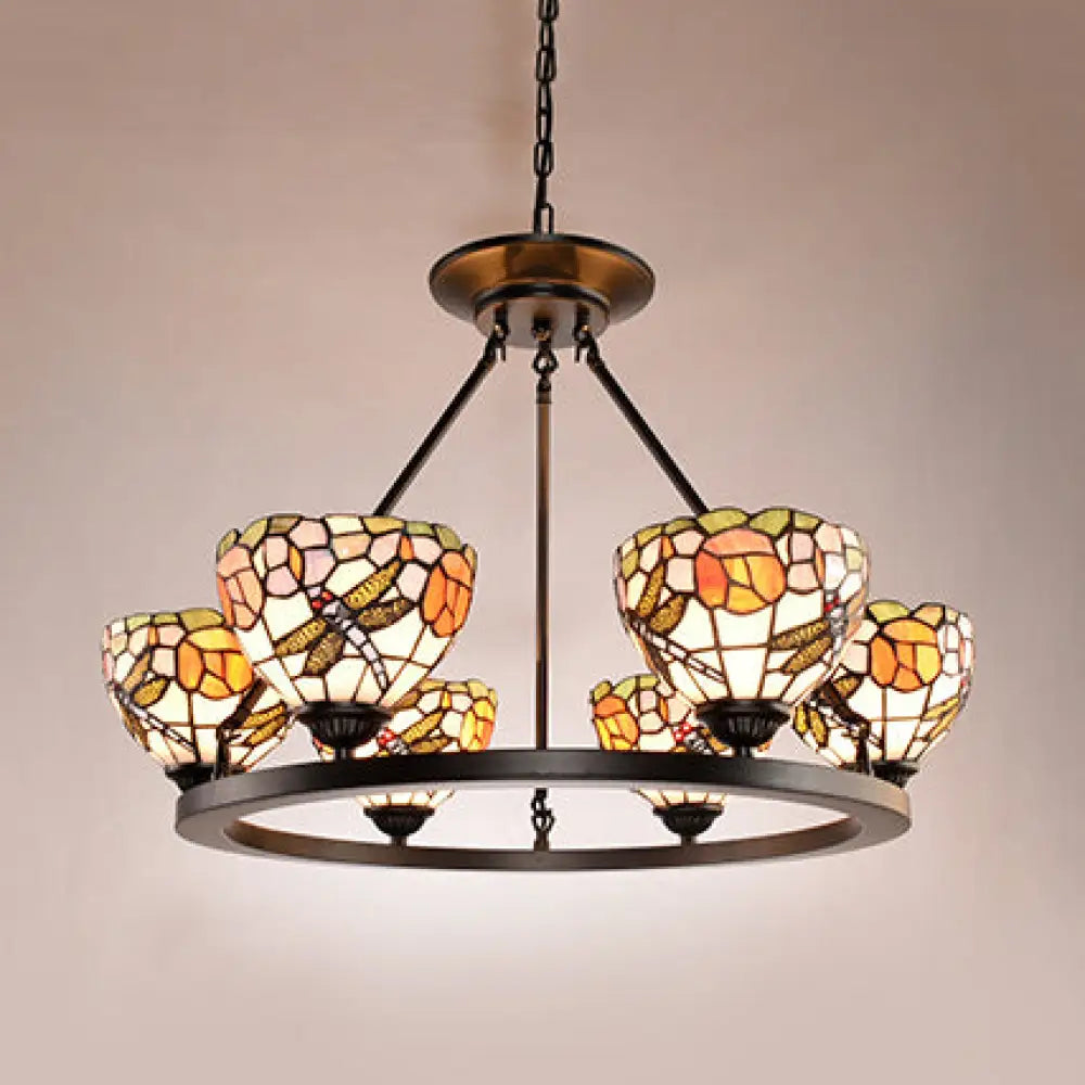 Dragonfly Stained Glass Chandelier - 6-Light Suspension For Foyer Black