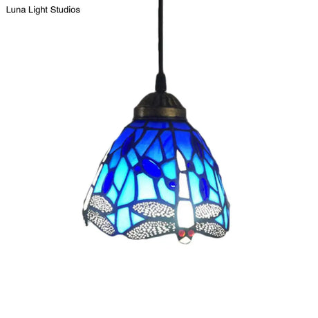 Dragonfly Stained Glass Pendant Light - Traditional Classic 1 Head Blue Small For Bar