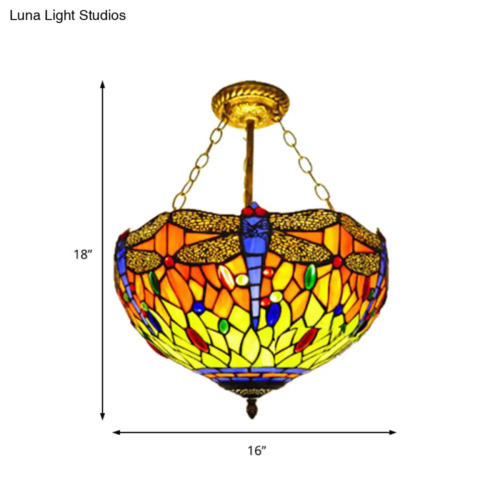 Dragonfly Stained Glass Tiffany Ceiling Light Rustic Orange/Yellow - Perfect For Cloth Shops