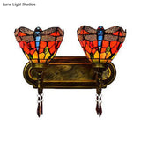Dragonfly Stained Glass Wall Lamp - Lodge Style 2-Light Brass Sconce