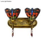 Dragonfly Stained Glass Wall Lamp - Lodge Style 2-Light Brass Sconce
