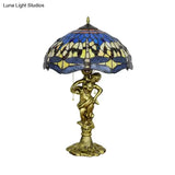 Dragonfly Tiffany Nightstand Lamp - 3-Light Glass Table Light In Yellow/Orange/Blue With Pull Chain
