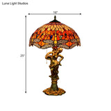 Dragonfly Tiffany Nightstand Lamp - 3-Light Glass Table Light In Yellow/Orange/Blue With Pull Chain