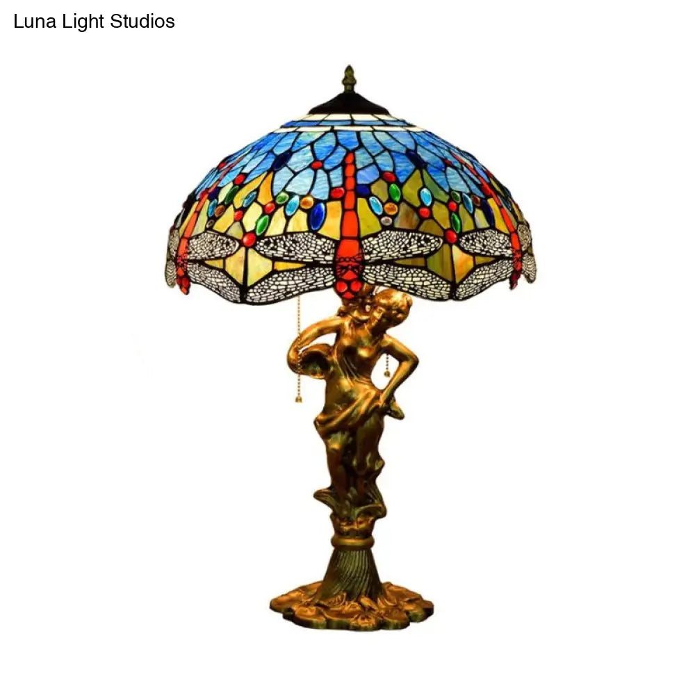 Dragonfly Tiffany Nightstand Lamp - 3-Light Glass Table Light In Yellow/Orange/Blue With Pull Chain