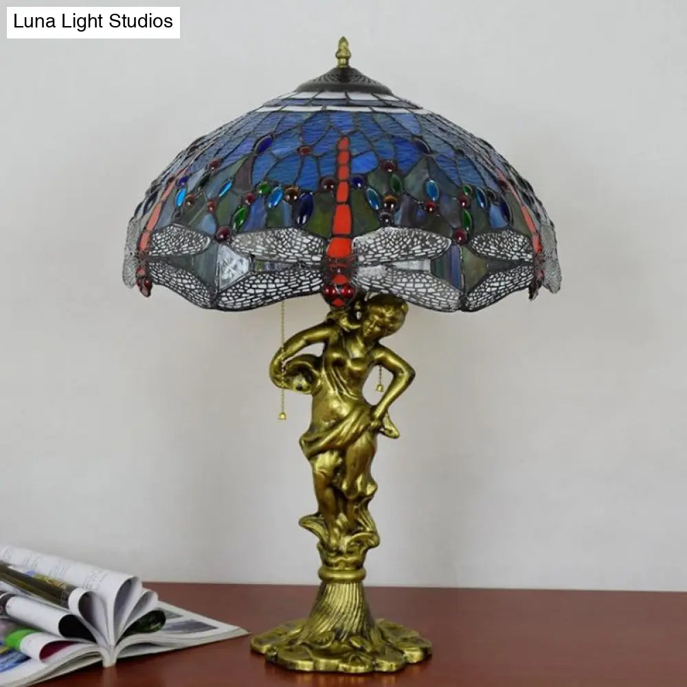 Dragonfly Tiffany Nightstand Lamp - 3-Light Glass Table Light In Yellow/Orange/Blue With Pull Chain