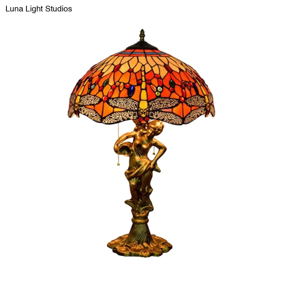 Dragonfly Tiffany Nightstand Lamp - 3-Light Glass Table Light In Yellow/Orange/Blue With Pull Chain