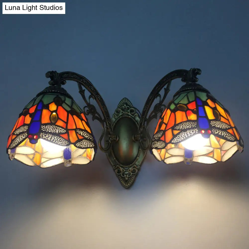 Dragonfly Tiffany Vanity Lamp - Elegant 2-Light Wall Sconce For Mirror Cabinet