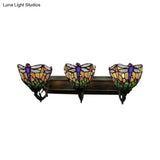 Dragonfly Wall Lamp - Lodge Style Stained Glass Antique Brass Finish 3 Lights Sconce