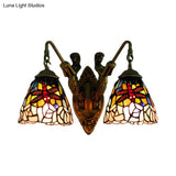 Dragonfly Wall Mounted Light: 2 Head Baroque Brass Multicolor Stained Glass Sconce