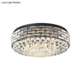 Drum Ceiling Mount Light Modern Black Canopy With Clear Crystal Draping 7/9 Bulbs Flushmount