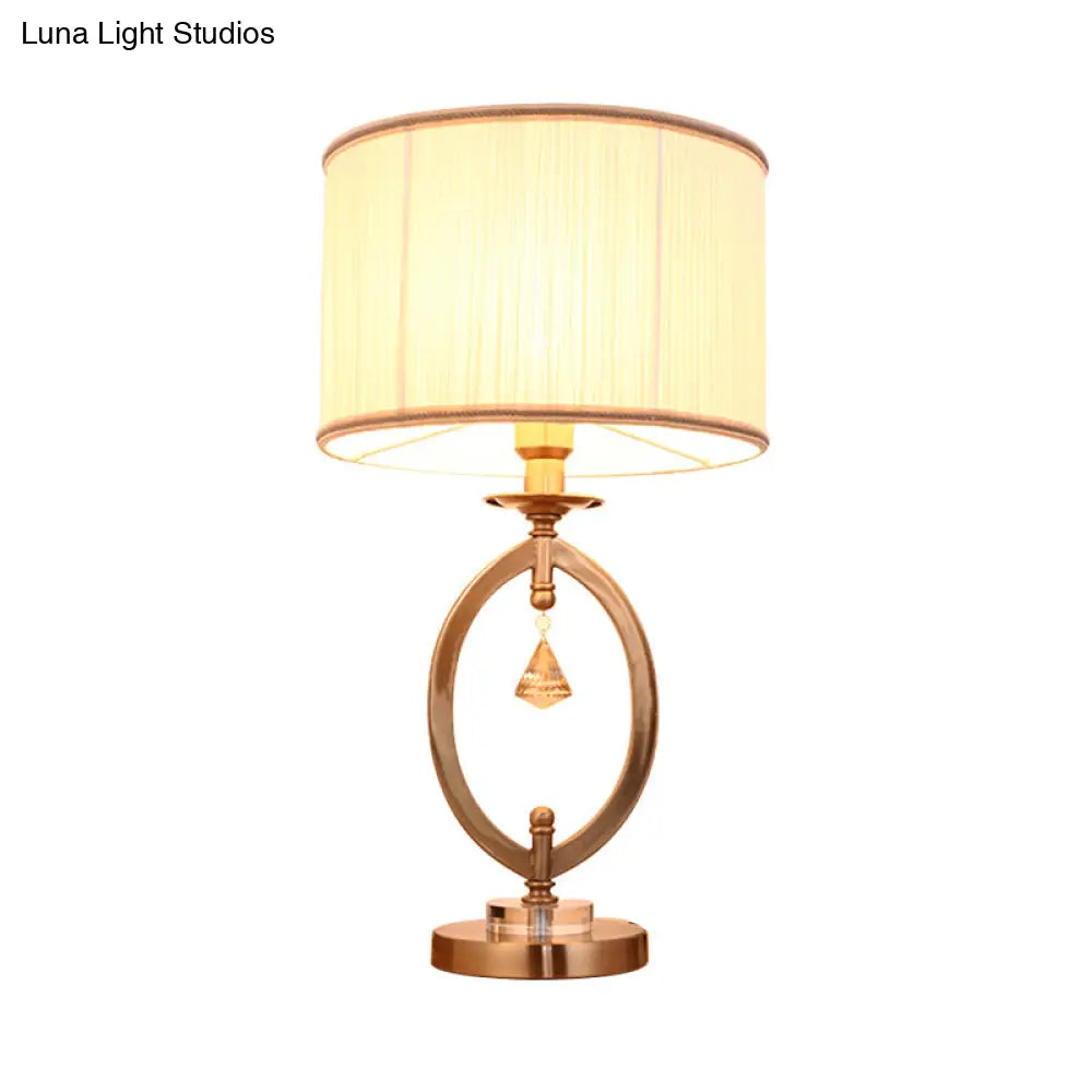 Drum Desk Lamp - Traditional Gold Fabric | 1 Light Bedroom Reading With Iron Ring