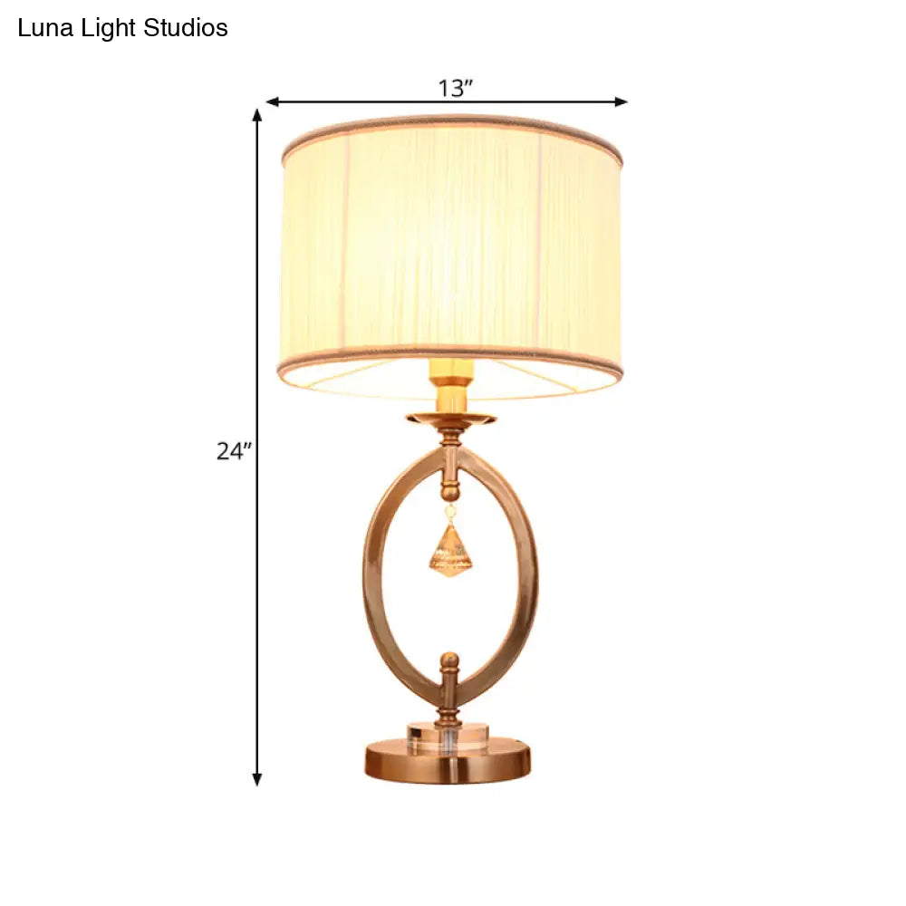 Drum Desk Lamp - Traditional Gold Fabric | 1 Light Bedroom Reading With Iron Ring