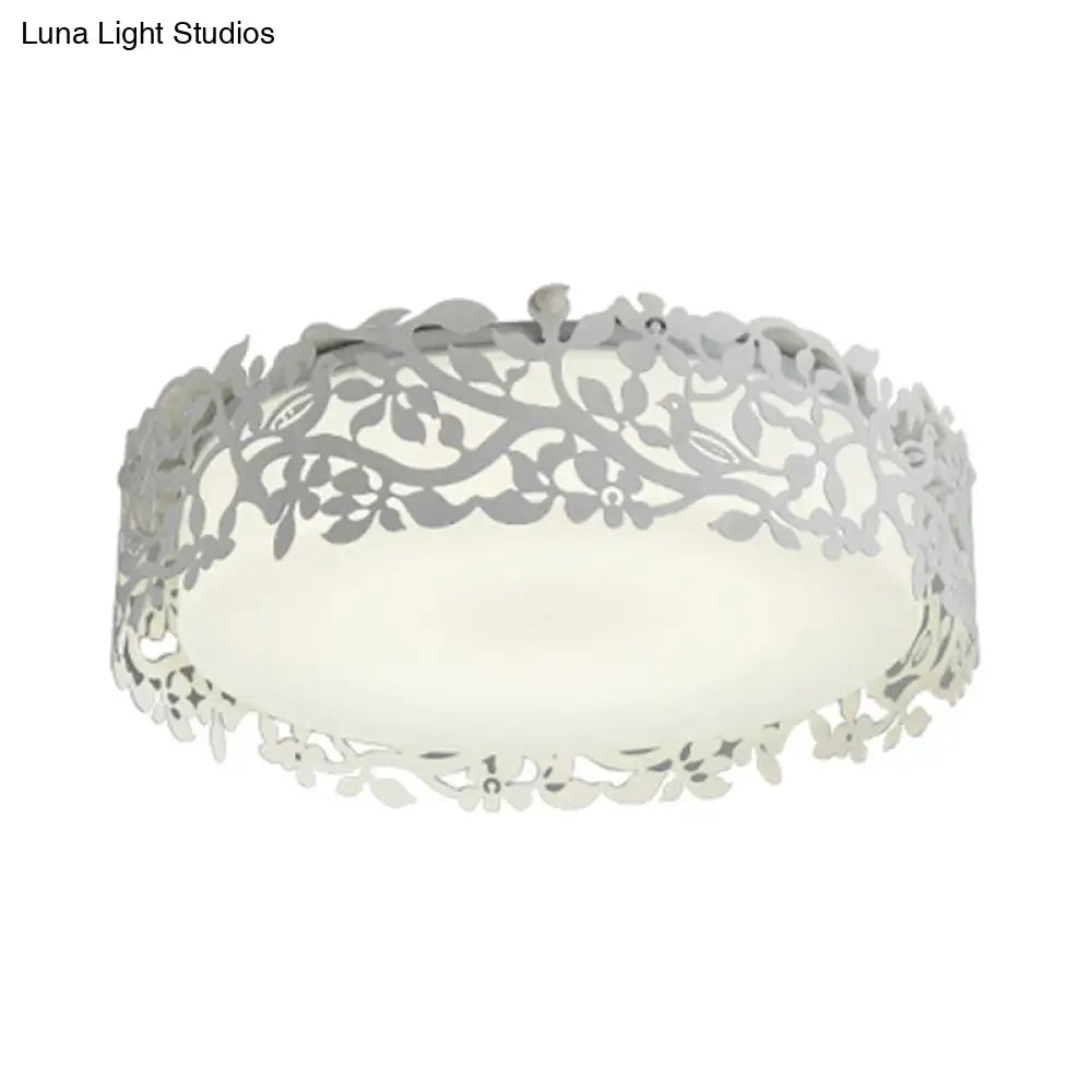 Drum Metal Flush Mount Led Ceiling Light In White/Black Traditional Style 17’/21.5’ Wide