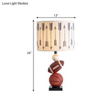 Drum Night Table Lamp: White Cartoon Print Bulb Included Fabric Shade With Decorative Balls+