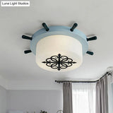 Drum Parlor Flush Mount Light - Modern Led Ceiling Fixture With Unique Rudder Design In Brown/Blue