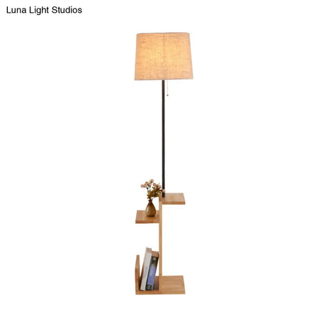 Drum Shaped Led Floor Lamp With Wood Shelf - Contemporary Fabric Standing Light For Living Room