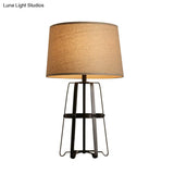 Drum Table Lamp In Brown Countryside Fabric - 1 Head Frame Base Living Room Lighting