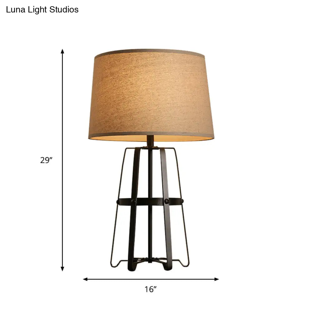 Drum Table Lamp In Brown Countryside Fabric - 1 Head Frame Base Living Room Lighting