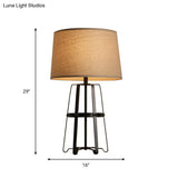 Drum Table Lamp In Brown Countryside Fabric - 1 Head Frame Base Living Room Lighting